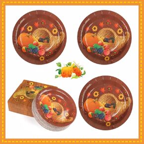 Naler 50 Sets Thanksgiving Paper Plates and Napkins Set, Thanksgiving Decorations Disposable Dessert Plates Autumn Fall Harvest Platters, Service for 50, Cornucopia Theme