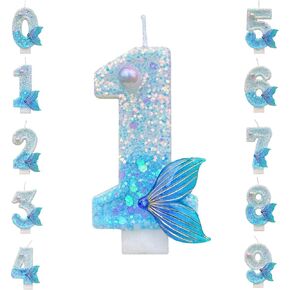 Birthday Candle Coralup 2.95 Inch Blue Pearl Mermaid Tail Birthday Number Candles,Birthday Candles 3D Design Cake Birthday Party Wedding Anniversary Celebration Supplies（Number 4）