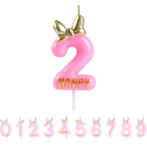 Number 3 Candle Pink 3 Birthday Candle with Bow Bowknot Bowtie and Metallic Gold Mini Happy Letter for Happy 3rd Mouse Theme Birthday Cake Topper Party Supplies Decor (4.7 Inch)
