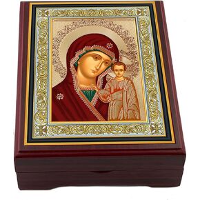 Needzo Rosary Box Madonna Icon Box Our Lady of Kazan Box for Prayer Beads Jewelry, Wooden Keepsake Holder 5 Inch, Religious Gift
