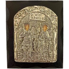 Christian Orthodox Solid Wood-Metallic icon of Archangels Michael and Gabriel Handmade from Greece (12 X 10 cm or 4.7 X 3.94 in)