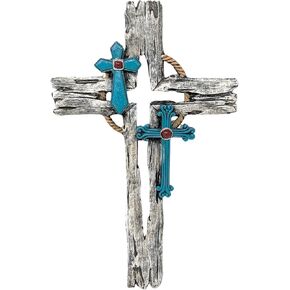 Layered Faux Driftwood Cutout Wall Cross - Resin Rustic Distressed Driftwood Look with Turquoise Crucifix for Southwestern Spiritual & Religious Wall Décor - Inspirational Wall Art for Home & Office