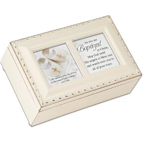 Cottage Garden PM6024SI Baptized Bless Watch You Angels Petite Ivory Rope Trim 6 x 4 Plastic Keepsake Jewelry Music Box with Double Photo Frame Plays Tune Jesus Loves Me