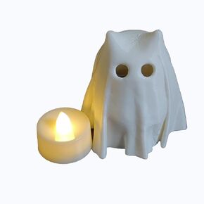 Halloween Ghost Cat Decoration with flickering LED Tea Light – White Light-Up Ghost Cat Figure for Indoor Halloween Decor, Spooky Tabletop Decoration for Halloween Parties & Haunted House Displays