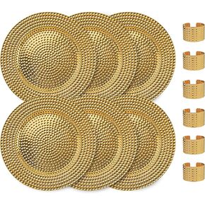 13 Inch Round Elegant Serve ware Charger Plates with Matching Napkin Rings, Wedding, Dinner party, Event - Choose from our Variety of Styles and Quantities (12, Hammered Gold)