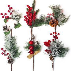 Grunyia Artificial Pine Picks Christmas Pine Picks Pine Needles Branches with Red Berry Pinecones Berry Branches Fake Berries for Flower Arrangements Wreaths Holiday Xmas Tree Decoration