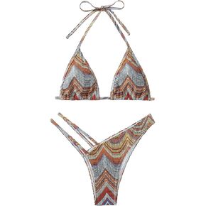 SHENHE Women's 2 Piece Striped Triangle Bikini Sets High Cut Halter Swimsuit Bathing Suit