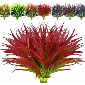 8 pcs Fall Artificial Flowers for Decoration, Fake Artificial Tall Grass Plants for Outdoors, Orange Faux Tropical Greenery Autumn Front Porch Patio Garden Outside Plastic Shrubs Bushes