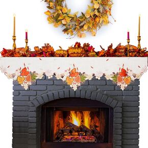Grelucgo Embroidered Harvest Fall Autumn Thanksgiving Holiday Maple Leaves Mantel Top Scarf Runner (Mantel Scarf 70x17 inches)