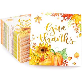 100 Pieces Thanksgiving Napkins Disposable Dinner Napkins Fall Give Thanks Napkins Leaf Pumpkin Sunflower Fall Napkins Cocktail Dessert Napkins for Party Supplies Table Decor, 5 x 5 Inches