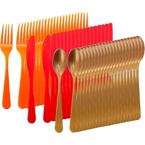 Supernal 180pcs Thanksgiving Plastic Silverware, Thanksgiving Party Supplies, Heavyweight Colored Plastic Silverware Includes 60 Red Knives, 60 Orange Forks and 60 Gold Spoons For Thanksgiving Day