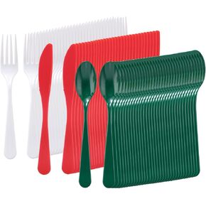 Supernal 180pcs Thanksgiving Plastic Silverware, Thanksgiving Party Supplies, Heavyweight Colored Plastic Silverware Includes 60 Red Knives, 60 Orange Forks and 60 Gold Spoons For Thanksgiving Day
