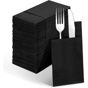 Linen-Feel Black Paper Napkins, Cloth Like Dinner Napkins with Built-in Flatware Pocket, Pre-Folded Absorbent Napkins Disposable Guest Paper Hand Towels for Bathroom, Weddings Party Napkins (50 Pack)