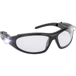 LED Inspector Safety Glasses | Protective Eyewear | Black Frame, Polycarbonate Clear Frames | Low to High Impact | Built-In LED Lights | 99.9% UV Protection | Woodworking, Construction, Mechanic