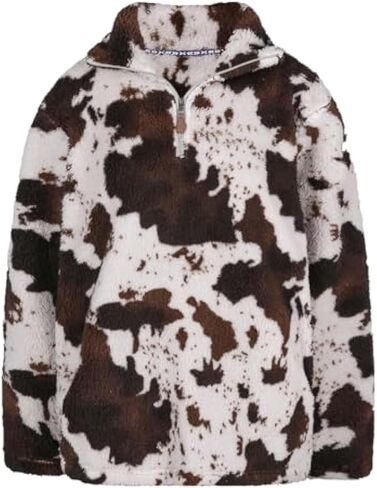 RACHAPE Women Fleece Sweatshirt Snow Zipper Hoodie Cow Print Pullover Plus Size Long Sleeve Half Zip Up Warm Winter S-3XL in Kuwait