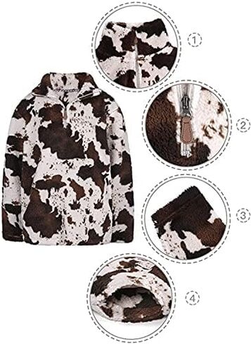 RACHAPE Women Fleece Sweatshirt Snow Zipper Hoodie Cow Print Pullover Plus Size Long Sleeve Half Zip Up Warm Winter S-3XL in Kuwait