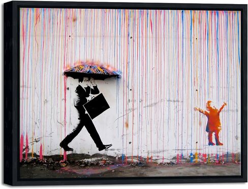 Wieco Art Framed Banksy Raining Day or Colorful Graffiti Street Famous Canvas Paintings Wall Art Modern Inspirational Grey Love Pictures Print Artwork for Home Office Decor in Kuwait