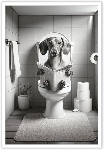 Funny Bathroom Dachshund Dog Wall Art Dog Sitting On Toilet Reading Newspaper Prints Trendy Black And White Hilarious Animals Canvas Posters For Bedroom Dorm Hotel Aesthetic Decor 8x10in Unframe in Saudi Arabia