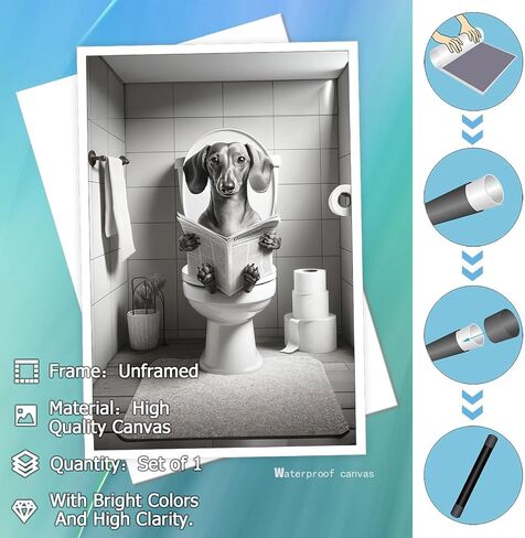 Funny Bathroom Dachshund Dog Wall Art Dog Sitting On Toilet Reading Newspaper Prints Trendy Black And White Hilarious Animals Canvas Posters For Bedroom Dorm Hotel Aesthetic Decor 8x10in Unframe in Saudi Arabia