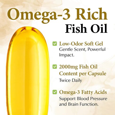 Fish Oil 2000mg - Omega 3 Fish Oil Supplements for Women w/DHA EPA & Fatty Acids | Low-Odor Fish Oil Omega 3 Supplements | Non-GMO & Non-Dairy 60 Soft Gel Capsules 30 Servings in Saudi Arabia