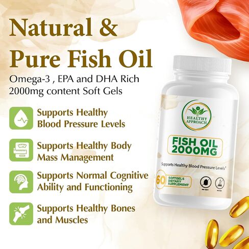 Fish Oil 2000mg - Omega 3 Fish Oil Supplements for Women w/DHA EPA & Fatty Acids | Low-Odor Fish Oil Omega 3 Supplements | Non-GMO & Non-Dairy 60 Soft Gel Capsules 30 Servings in Saudi Arabia