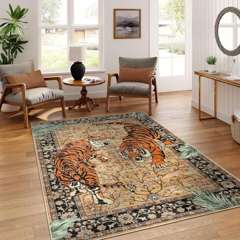 Moynesa Tiger 5x7 Area Rug, Boho Washable Living Room Rug, Non Slip Green Rugs for Bedroom, Ultra Thin Vintage Soft Stain Resistant Throw Floor Carpet for Office Dining Room in Saudi Arabia