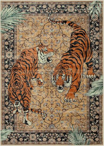 Moynesa Tiger 5x7 Area Rug, Boho Washable Living Room Rug, Non Slip Green Rugs for Bedroom, Ultra Thin Vintage Soft Stain Resistant Throw Floor Carpet for Office Dining Room in Saudi Arabia
