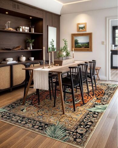 Moynesa Tiger 5x7 Area Rug, Boho Washable Living Room Rug, Non Slip Green Rugs for Bedroom, Ultra Thin Vintage Soft Stain Resistant Throw Floor Carpet for Office Dining Room in Saudi Arabia