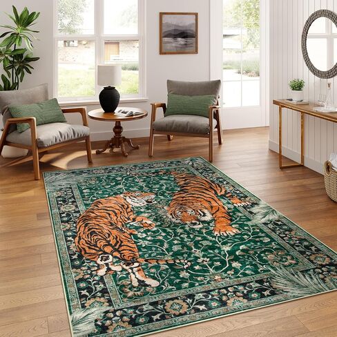 Moynesa Tiger 5x7 Area Rug, Boho Washable Living Room Rug, Non Slip Green Rugs for Bedroom, Ultra Thin Vintage Soft Stain Resistant Throw Floor Carpet for Office Dining Room in Saudi Arabia