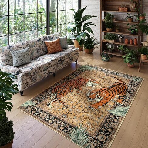 Moynesa Tiger 5x7 Area Rug, Boho Washable Living Room Rug, Non Slip Green Rugs for Bedroom, Ultra Thin Vintage Soft Stain Resistant Throw Floor Carpet for Office Dining Room in Saudi Arabia