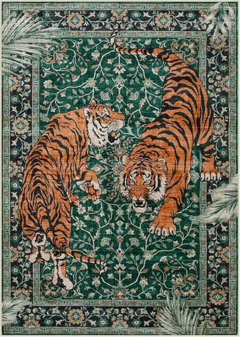 Moynesa Tiger 5x7 Area Rug, Boho Washable Living Room Rug, Non Slip Green Rugs for Bedroom, Ultra Thin Vintage Soft Stain Resistant Throw Floor Carpet for Office Dining Room in Saudi Arabia