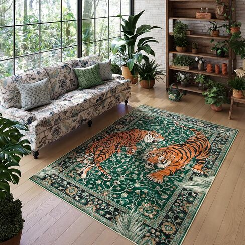 Moynesa Tiger 5x7 Area Rug, Boho Washable Living Room Rug, Non Slip Green Rugs for Bedroom, Ultra Thin Vintage Soft Stain Resistant Throw Floor Carpet for Office Dining Room in Saudi Arabia