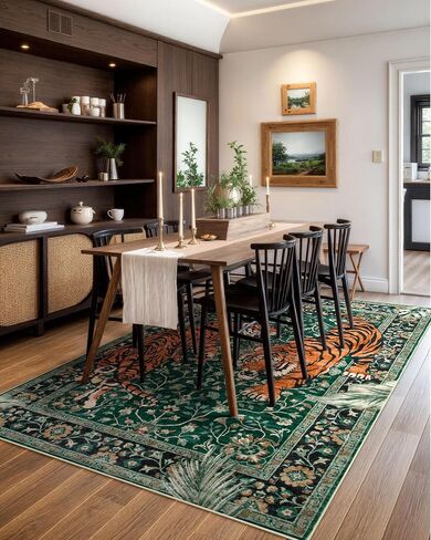 Moynesa Tiger 5x7 Area Rug, Boho Washable Living Room Rug, Non Slip Green Rugs for Bedroom, Ultra Thin Vintage Soft Stain Resistant Throw Floor Carpet for Office Dining Room in Saudi Arabia