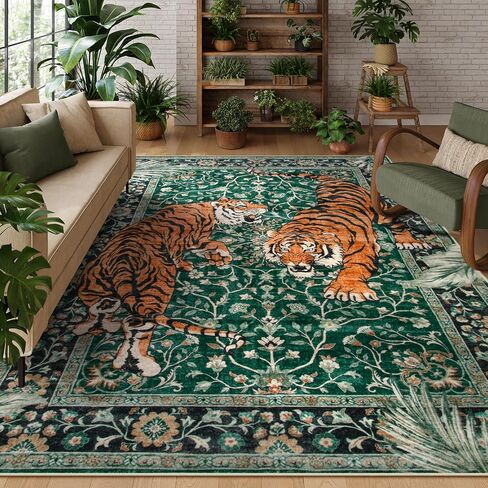 Moynesa Tiger 5x7 Area Rug, Boho Washable Living Room Rug, Non Slip Green Rugs for Bedroom, Ultra Thin Vintage Soft Stain Resistant Throw Floor Carpet for Office Dining Room in Saudi Arabia
