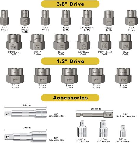 Bolt Extractor Set, 16 Pieces Impact Bolt & Nut Remover Set, Nut Extractor Socket Set, Stripped Lug Nut Remover for Removing Broken, Rounded, Rusted, Frozen, Damaged Nuts Screws & Bolts in Saudi Arabia