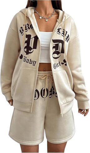Verdusa Women's 2 Piece Letter Graphic Tracksuit Sets Zip Up Hoodie Sweatshirt and Shorts in Saudi Arabia