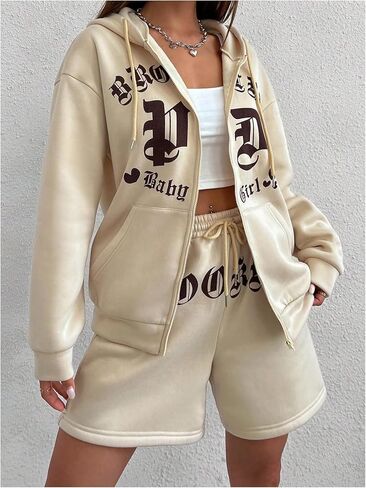 Verdusa Women's 2 Piece Letter Graphic Tracksuit Sets Zip Up Hoodie Sweatshirt and Shorts in Saudi Arabia