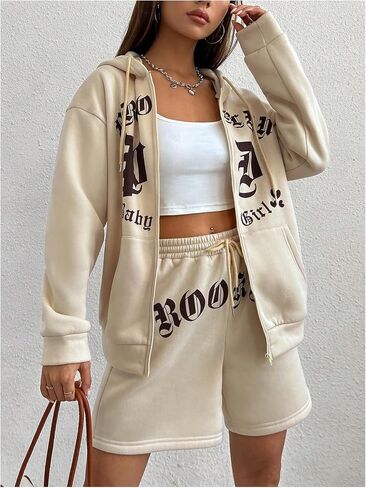 Verdusa Women's 2 Piece Letter Graphic Tracksuit Sets Zip Up Hoodie Sweatshirt and Shorts in Saudi Arabia