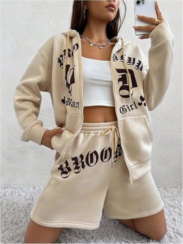 Verdusa Women's 2 Piece Letter Graphic Tracksuit Sets Zip Up Hoodie Sweatshirt and Shorts in Saudi Arabia