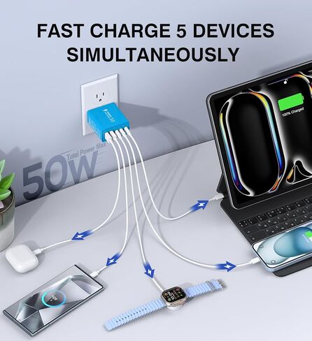 2 حزمة USB C شاحن سريع، 50 وات 5 منافذ USB C شاحن جداري، 2 USB A & 3 USB C PD3.0 محول طاقة متعدد المنافذ من النوع C لشحن iPhone 12/13/14/15، Pad Mini/Pro، GalaxyS23 S22 (أبيض) in Kuwait