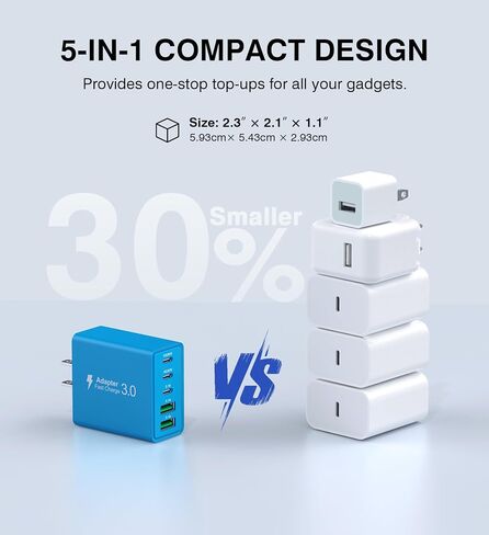 2 حزمة USB C شاحن سريع، 50 وات 5 منافذ USB C شاحن جداري، 2 USB A & 3 USB C PD3.0 محول طاقة متعدد المنافذ من النوع C لشحن iPhone 12/13/14/15، Pad Mini/Pro، GalaxyS23 S22 (أبيض) in Kuwait