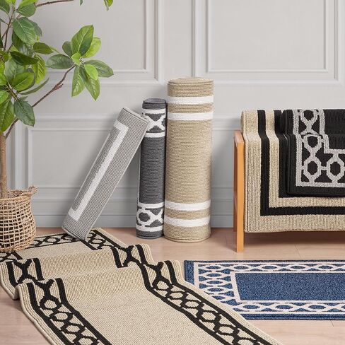 Creative Home Ideas - Tufted Runner - Double Line Border Rug - Modern Home Decor - Washable Rug - Accent Carpet for Entryway & Hallway - Measures 26 x 45 - Natural Twist and Black in Kuwait