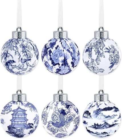6PCS الحلي الكرة Chinoiserie، الأزرق والأبيض شجرة عيد الميلاد شنقا الحلي، مزرعة معبد الطيور الفاوانيا طباعة النسيج ملفوفة كرات خرقة للديكور Chinoiserie الأزرق وعاء الحشو الجدول المركزية in Kuwait