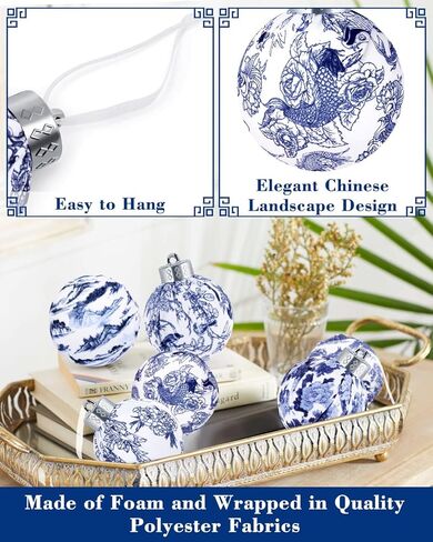 6PCS الحلي الكرة Chinoiserie، الأزرق والأبيض شجرة عيد الميلاد شنقا الحلي، مزرعة معبد الطيور الفاوانيا طباعة النسيج ملفوفة كرات خرقة للديكور Chinoiserie الأزرق وعاء الحشو الجدول المركزية in Kuwait