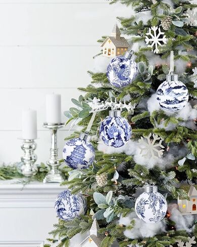 6PCS الحلي الكرة Chinoiserie، الأزرق والأبيض شجرة عيد الميلاد شنقا الحلي، مزرعة معبد الطيور الفاوانيا طباعة النسيج ملفوفة كرات خرقة للديكور Chinoiserie الأزرق وعاء الحشو الجدول المركزية in Kuwait