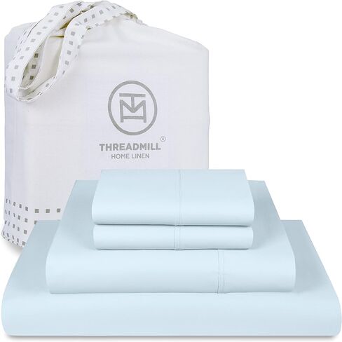 Threadmill Cotton Queen Sheet Set, 500 Thread Count Bed Sheets, 100% Cotton Sheets Set for Queen Size Bed, Smoother Than Egyptian Cotton Claims, 4 Pc Set with Deep Pockets, Light Blue in Kuwait