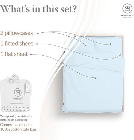 Threadmill Cotton Queen Sheet Set, 500 Thread Count Bed Sheets, 100% Cotton Sheets Set for Queen Size Bed, Smoother Than Egyptian Cotton Claims, 4 Pc Set with Deep Pockets, Light Blue in Kuwait