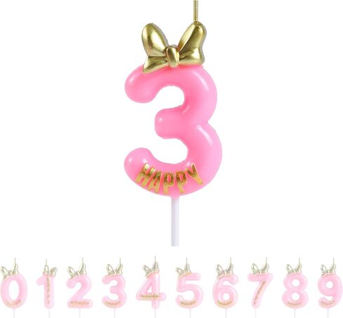 Number 3 Candle Pink 3 Birthday Candle with Bow Bowknot Bowtie and Metallic Gold Mini Happy Letter for Happy 3rd Mouse Theme Birthday Cake Topper Party Supplies Decor (4.7 Inch) in Saudi Arabia