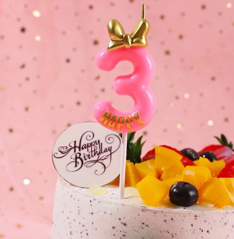 Number 3 Candle Pink 3 Birthday Candle with Bow Bowknot Bowtie and Metallic Gold Mini Happy Letter for Happy 3rd Mouse Theme Birthday Cake Topper Party Supplies Decor (4.7 Inch) in Saudi Arabia