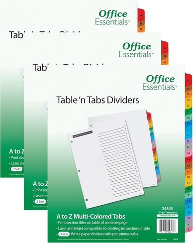 فواصل طاولات Office Essentials، 8-1/2 بوصة × 11 بوصة، علامة تبويب A-Z، علامة تبويب متعددة الألوان، ليزر/نفث الحبر، 3 مجموعات (24843) in Kuwait